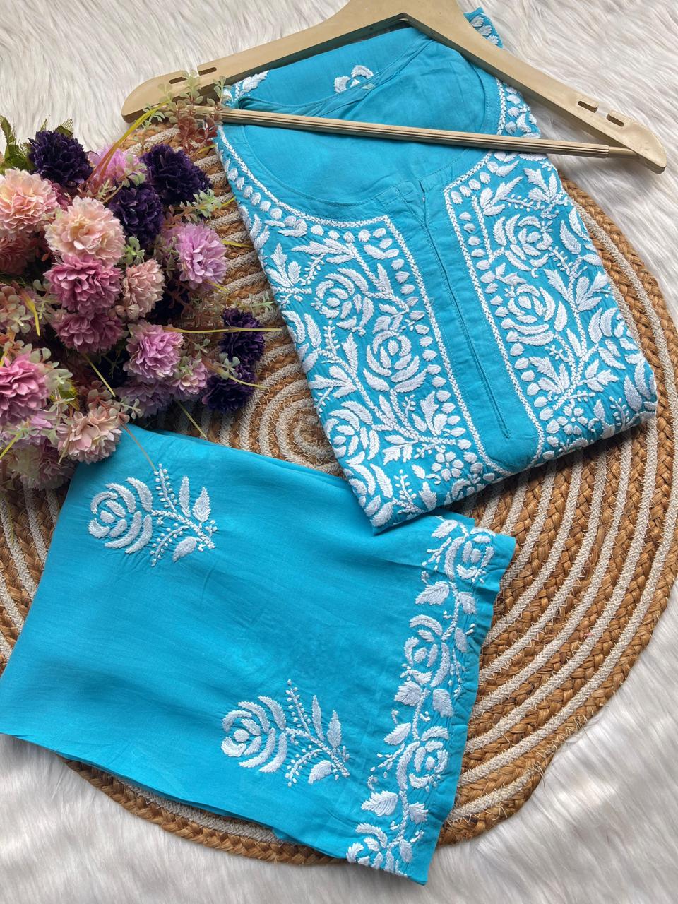 D FIROJI Straight Fit Rayon kurti and plazzo set - Chikankari fabric