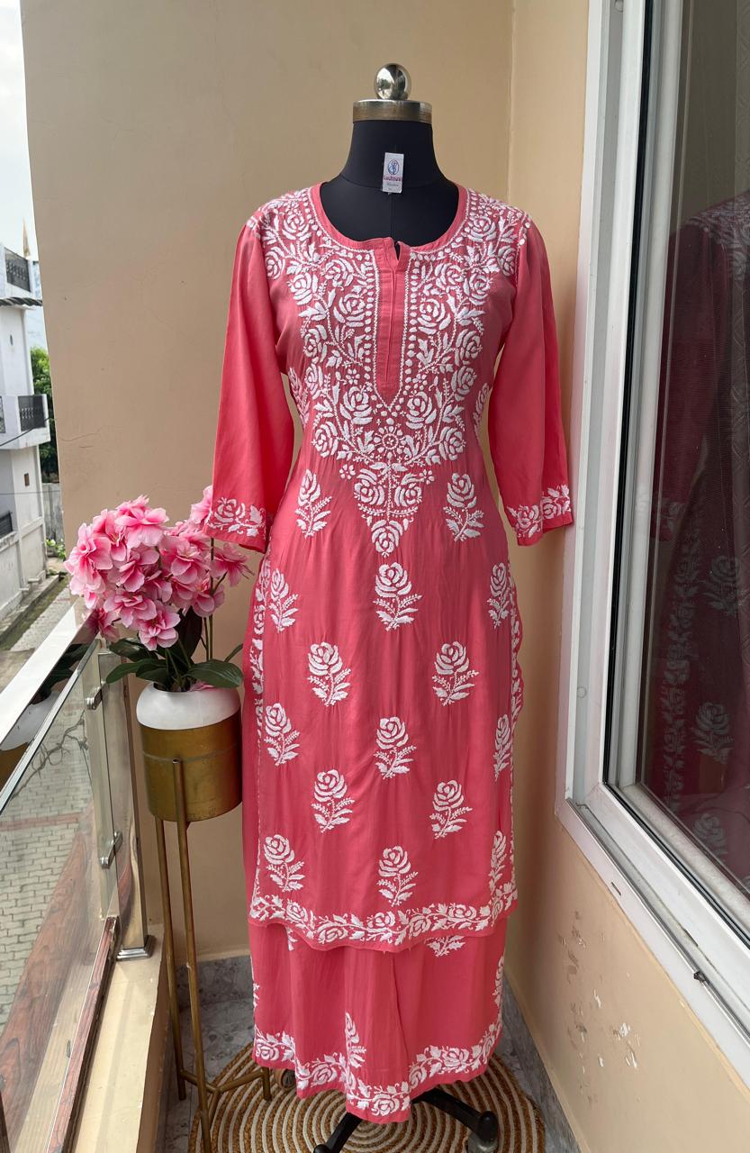 GAJARI Straight Fit Rayon kurti and plazzo set - Chikankari fabric