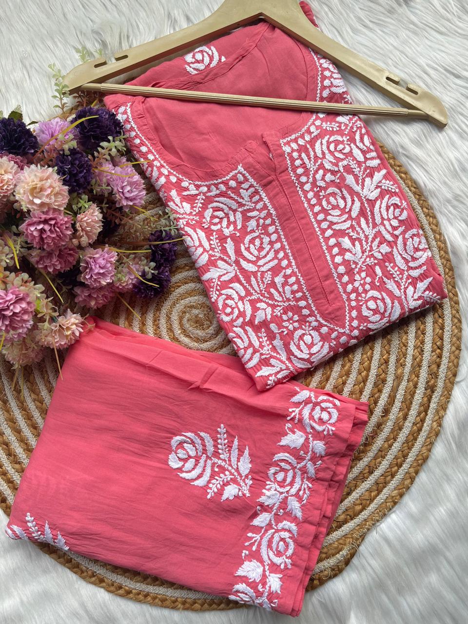 GAJARI Straight Fit Rayon kurti and plazzo set - Chikankari fabric