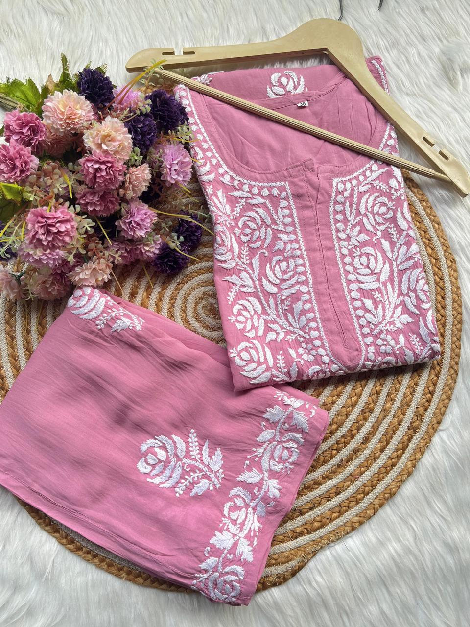 PINK Straight Fit Rayon kurti and plazzo set - Chikankari fabric