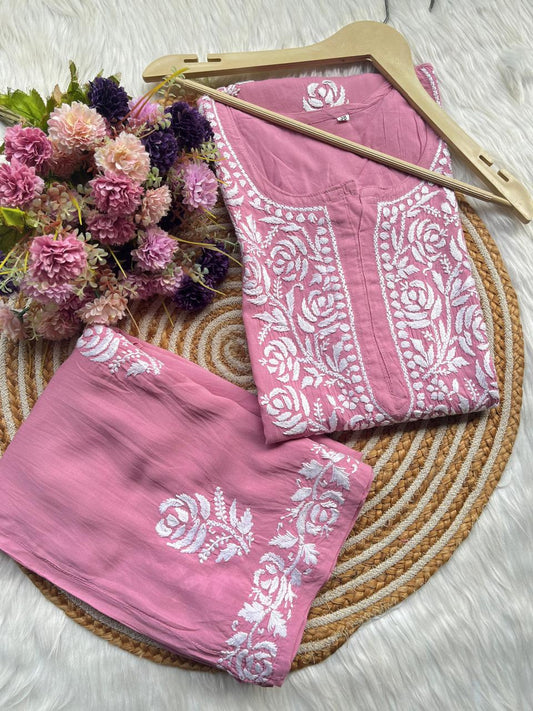 PINK Straight Fit Rayon kurti and plazzo set - Chikankari fabric