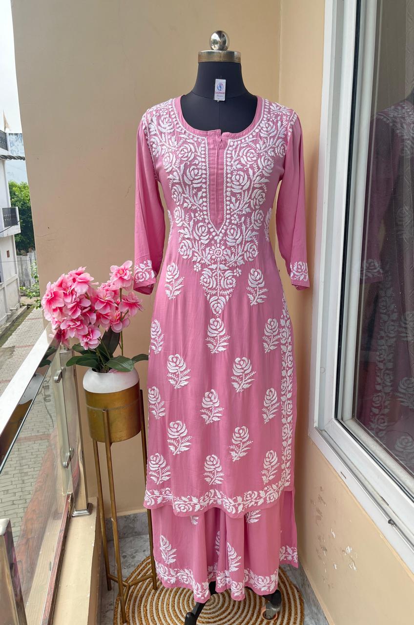 PINK Straight Fit Rayon kurti and plazzo set - Chikankari fabric