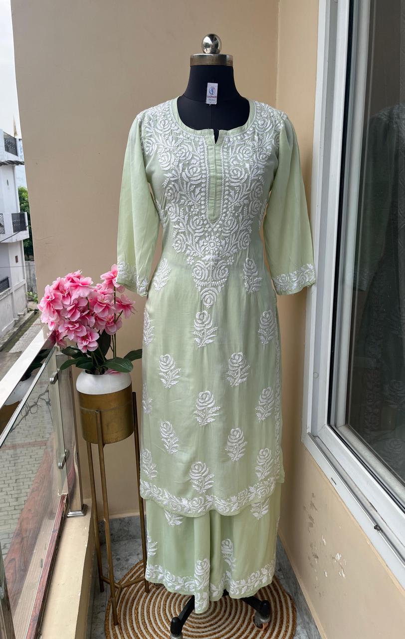 PISTA Straight Fit Rayon kurti and plazzo set - Chikankari fabric