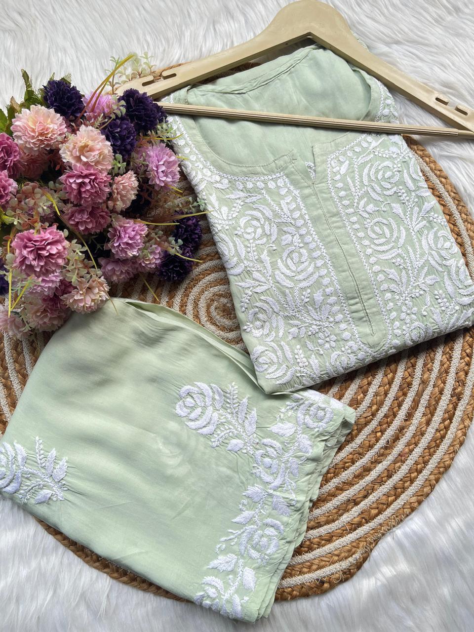 PISTA Straight Fit Rayon kurti and plazzo set - Chikankari fabric