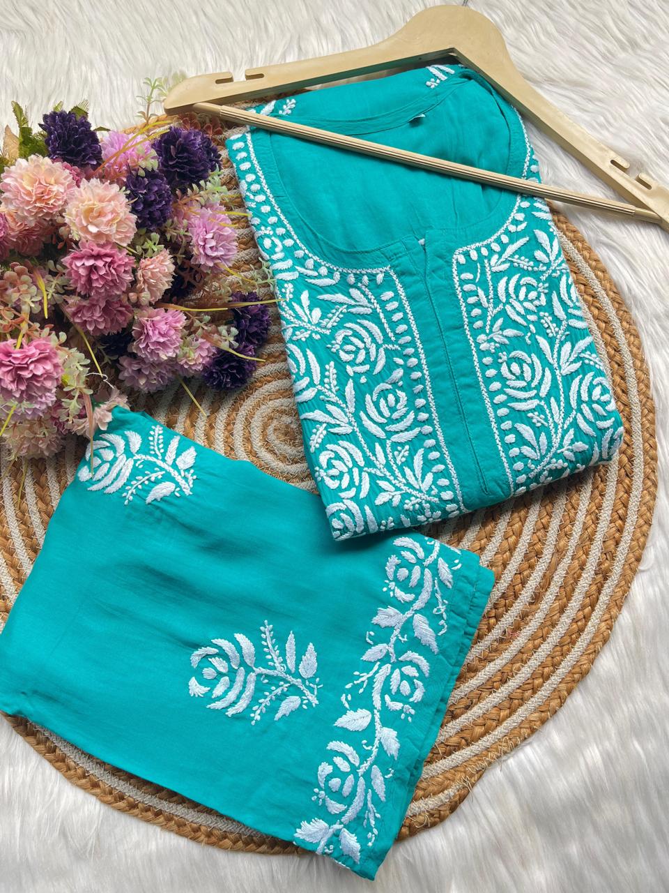 RAMA Straight Fit Rayon kurti and plazzo set - Chikankari fabric