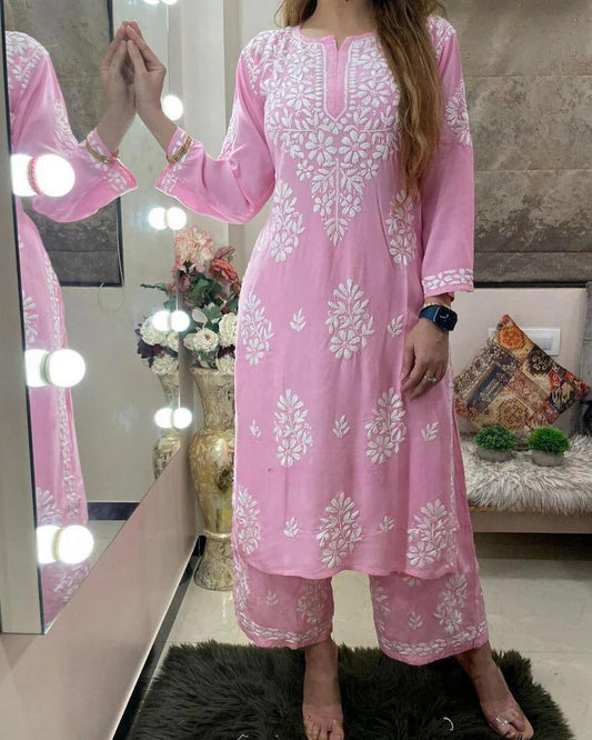 Baby Pink  Cotton Chikankari Kurta With Palazzo For Women