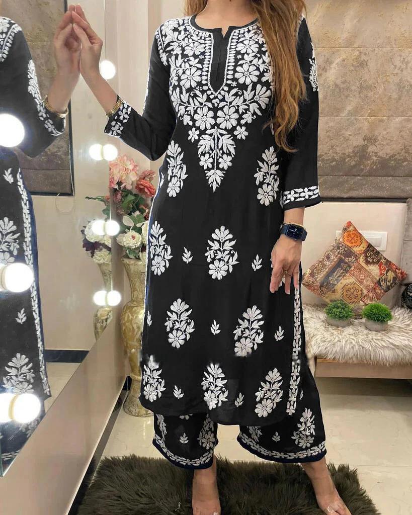 Black Rayon Cotton Chikankari Kurta With Palazzo For Women