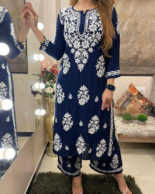 Blue Rayon Cotton Chikankari Kurta With Palazzo For Women
