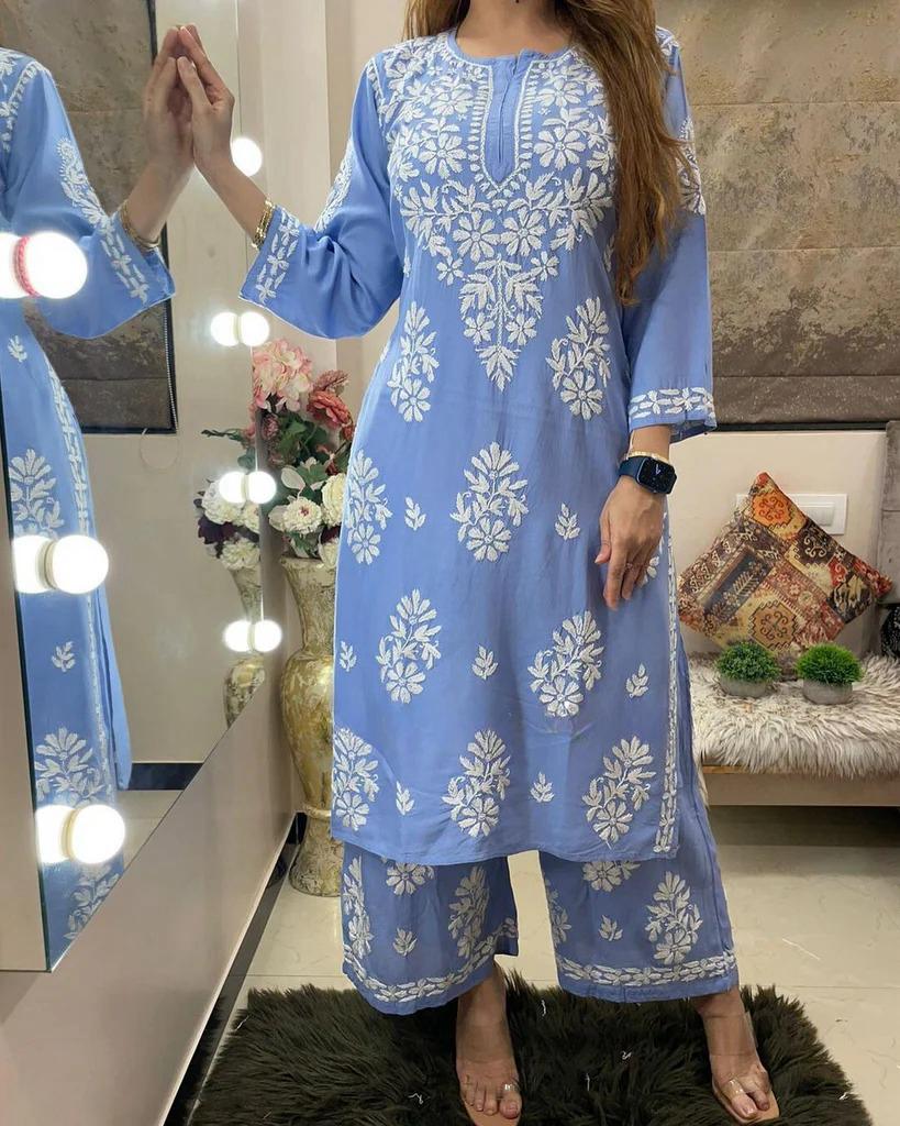 Dark Sky Rayon Cotton Chikankari Kurta With Palazzo For Women