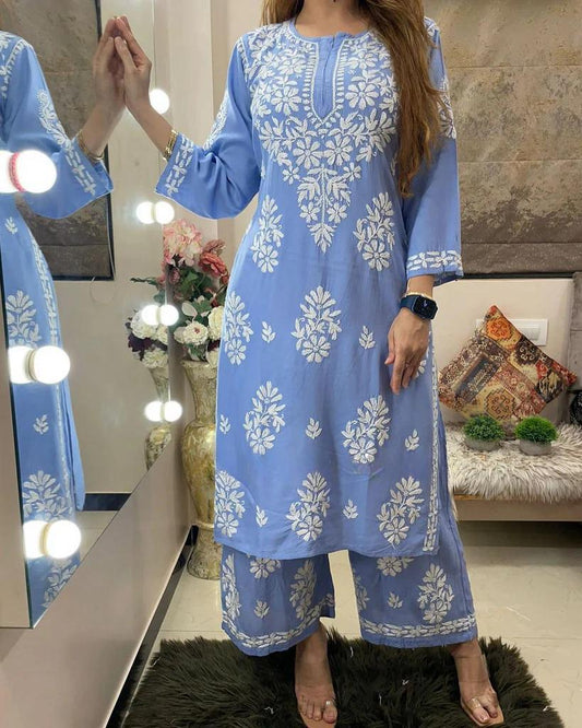 Dark Sky Rayon Cotton Chikankari Kurta With Palazzo For Women