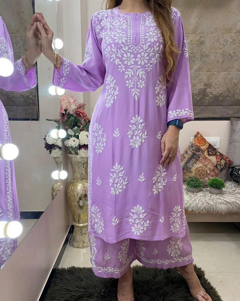 Light Purple Rayon Cotton Chikankari Kurta With Palazzo For Women