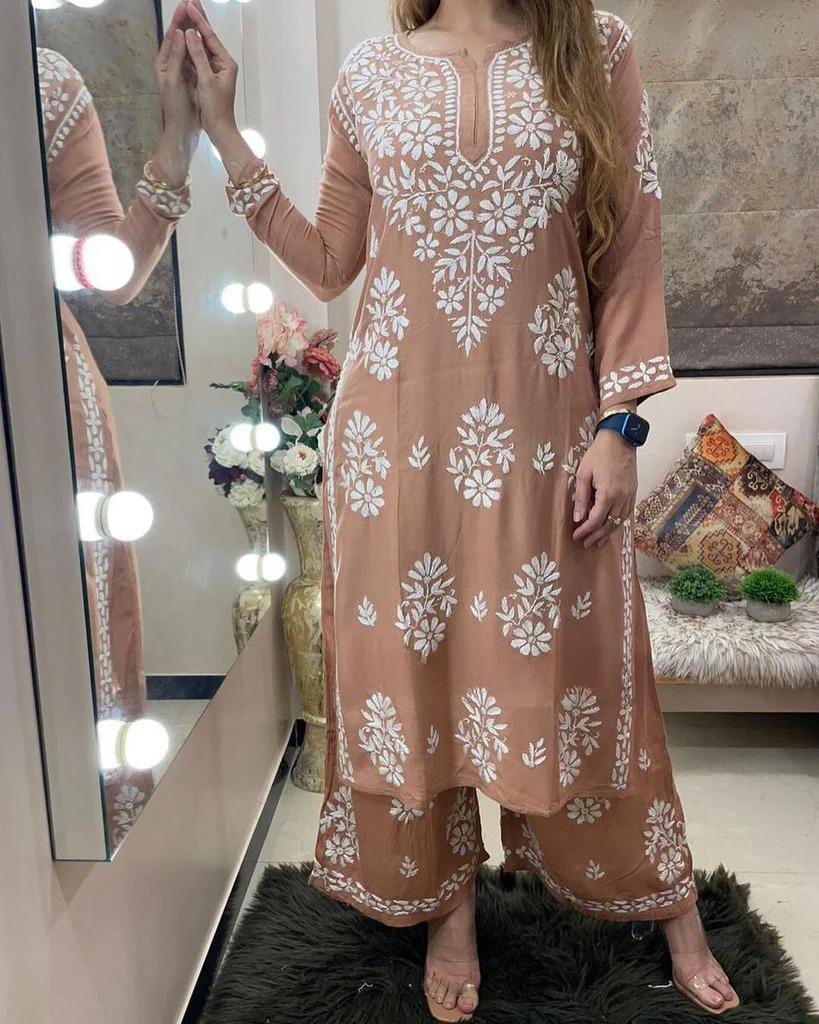 Misty Rose Rayon Cotton Chikankari Kurta With Palazzo For Women