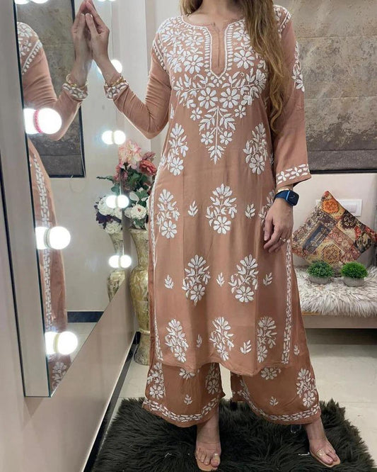 Misty Rose Rayon Cotton Chikankari Kurta With Palazzo For Women