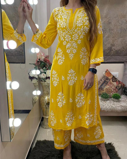 Yellow Rayon Cotton Chikankari Kurta With Palazzo For Women