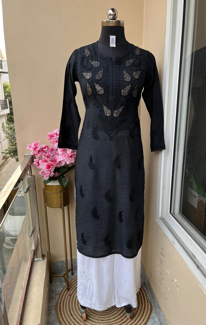 Black Premium Chanderi Silk Kurti + Rayon Plazo Set For Women