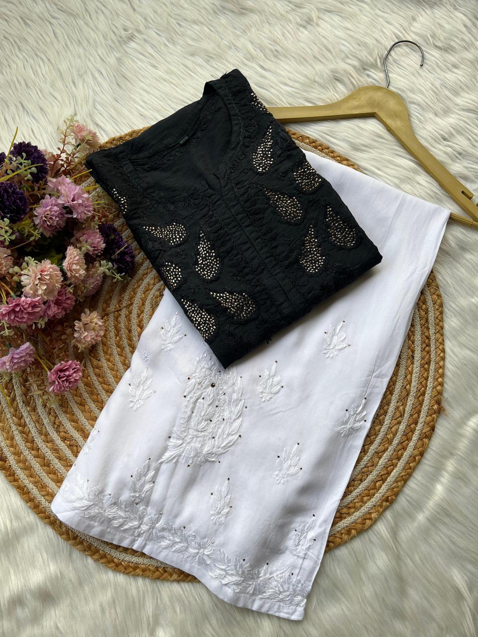 Black Premium Chanderi Silk Kurti + Rayon Plazo Set For Women