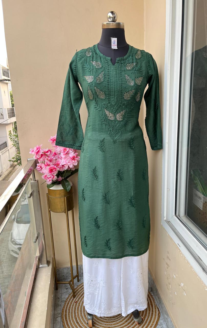 Green Premium Chanderi Silk Kurti + Rayon Plazo Set For Women