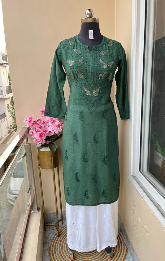 Green Premium Chanderi Silk Kurti + Rayon Plazo Set For Women