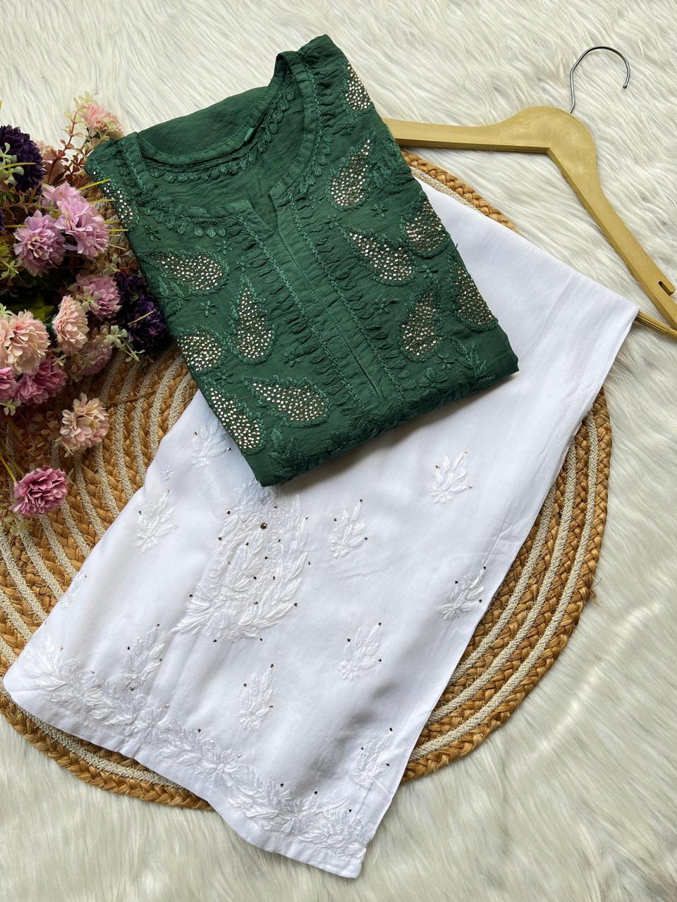 Green Premium Chanderi Silk Kurti + Rayon Plazo Set For Women