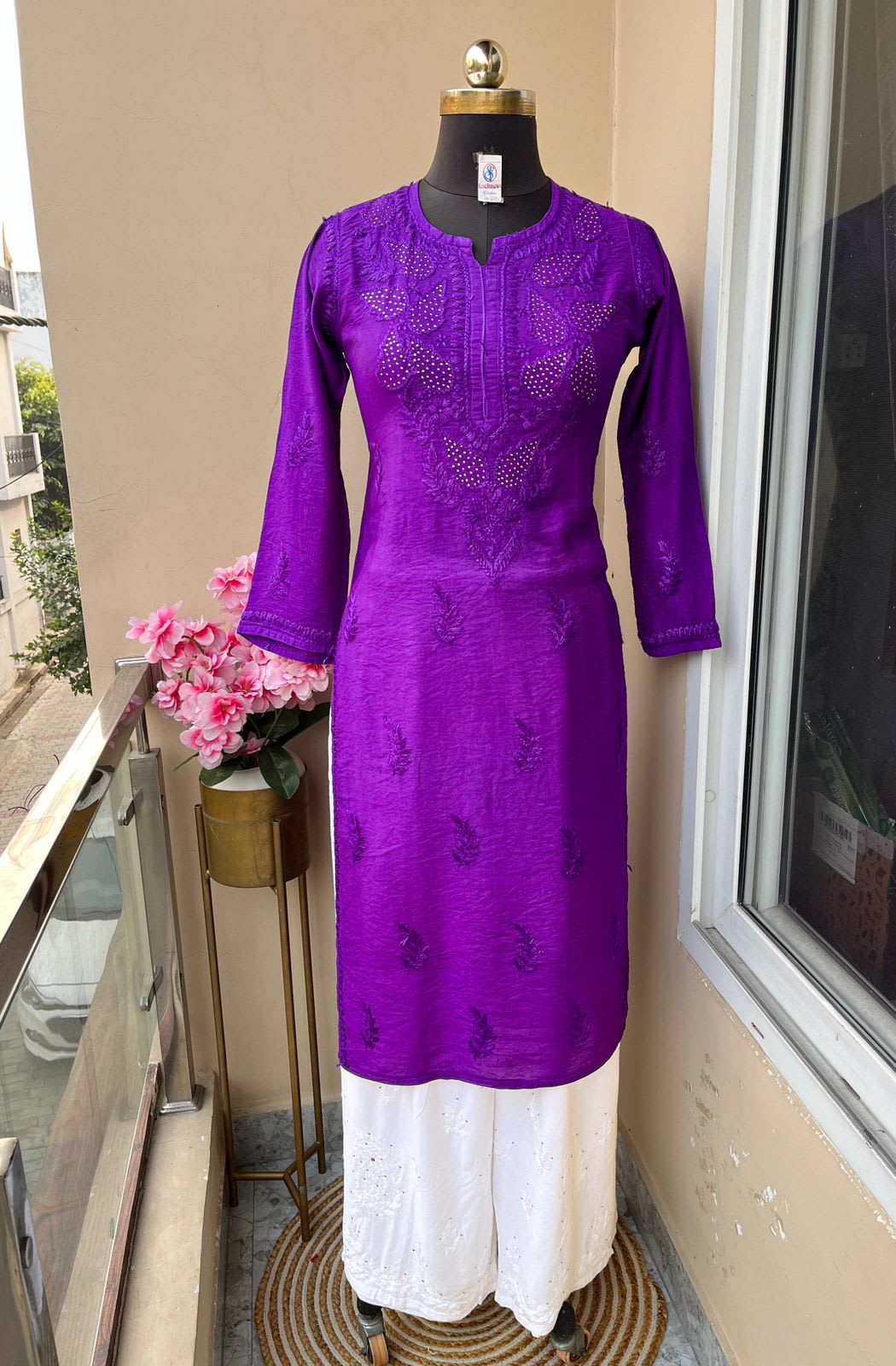 Purple Premium Chanderi Silk Kurti + Rayon Plazo Set For Women