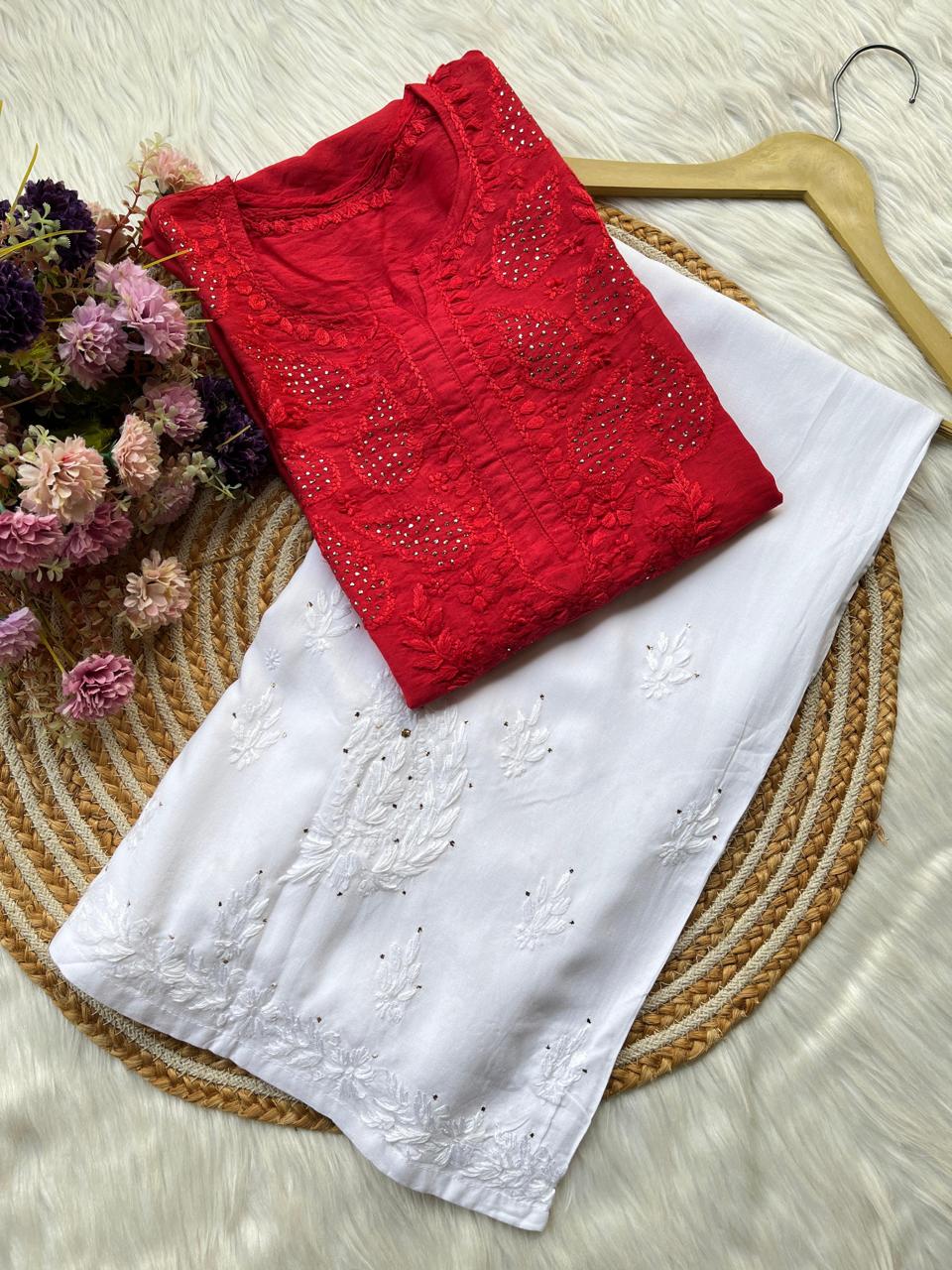 Red Premium Chanderi Silk Kurti + Rayon Plazo Set For Women