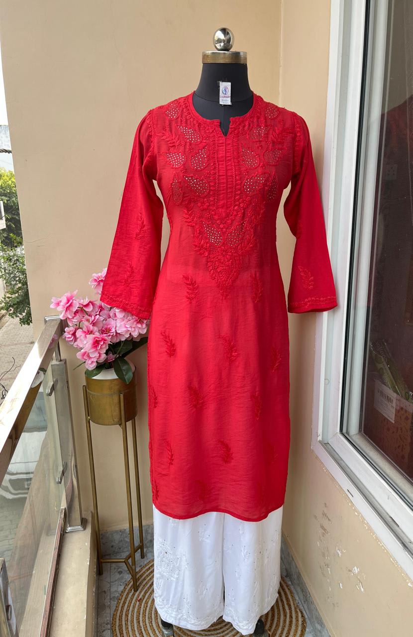 Red Premium Chanderi Silk Kurti + Rayon Plazo Set For Women