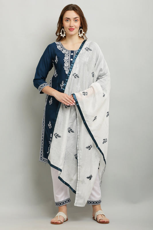 Blue Rayon Kurti With Dupatta And Bottom Wear 3 Piece Set For Women