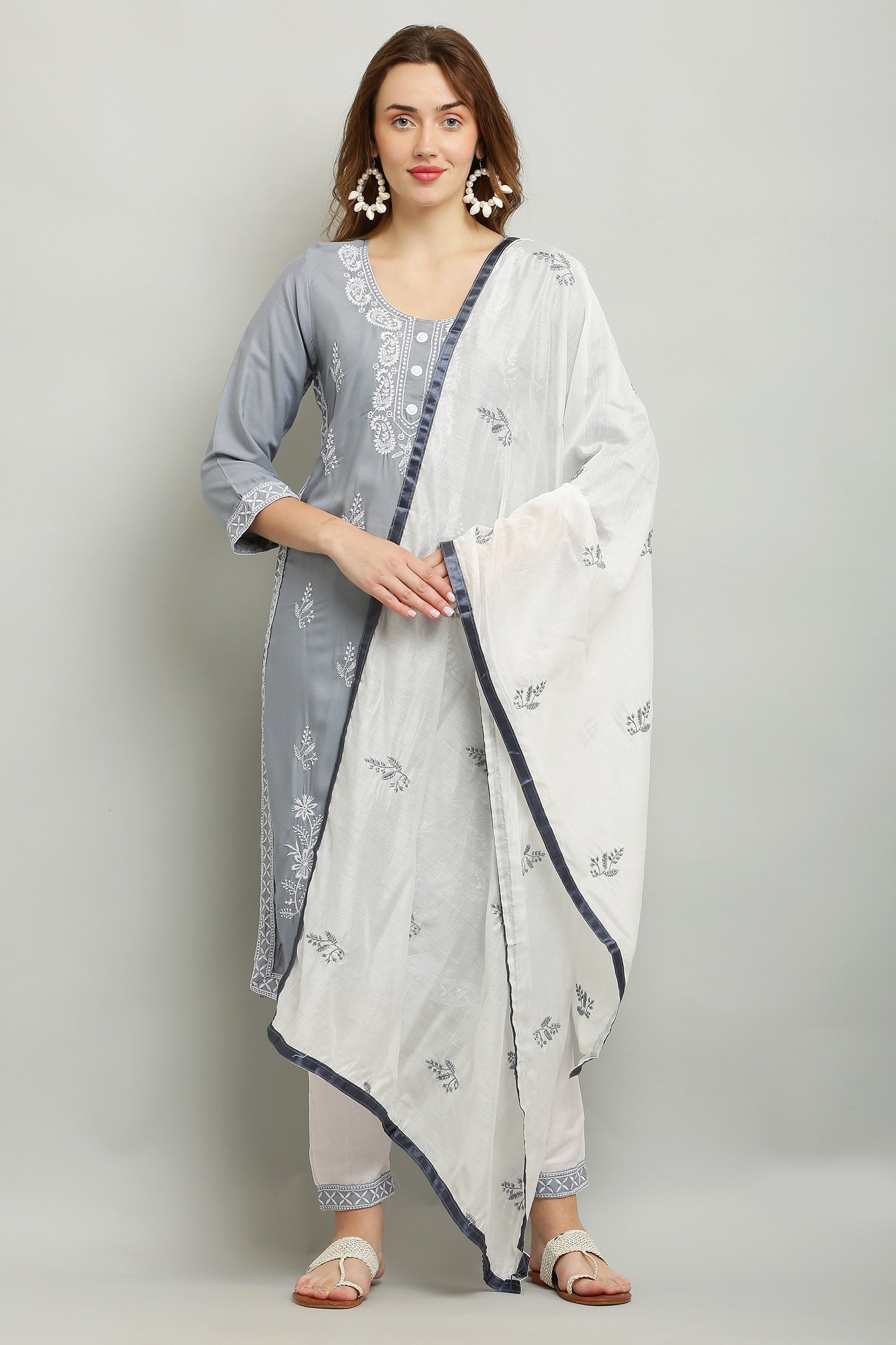 Grey Rayon Kurti With Dupatta And Bottom Wear 3 Piece Set For Women