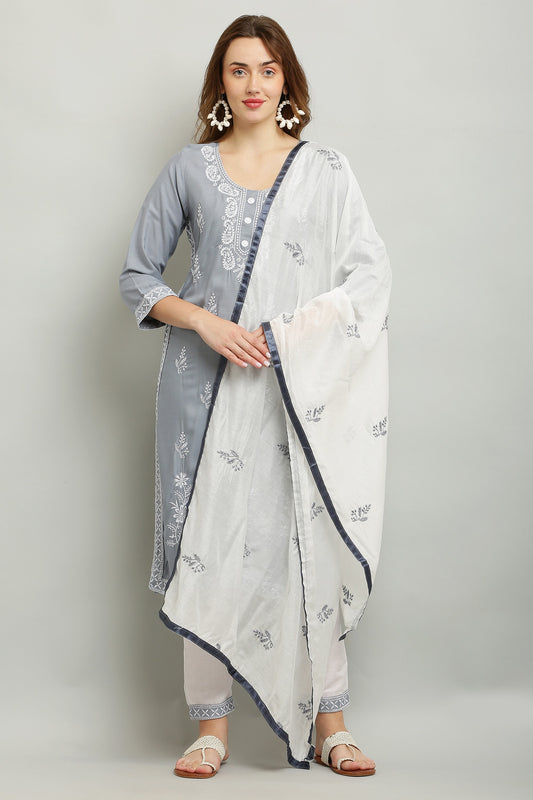 Grey Rayon Kurti With Dupatta And Bottom Wear 3 Piece Set For Women