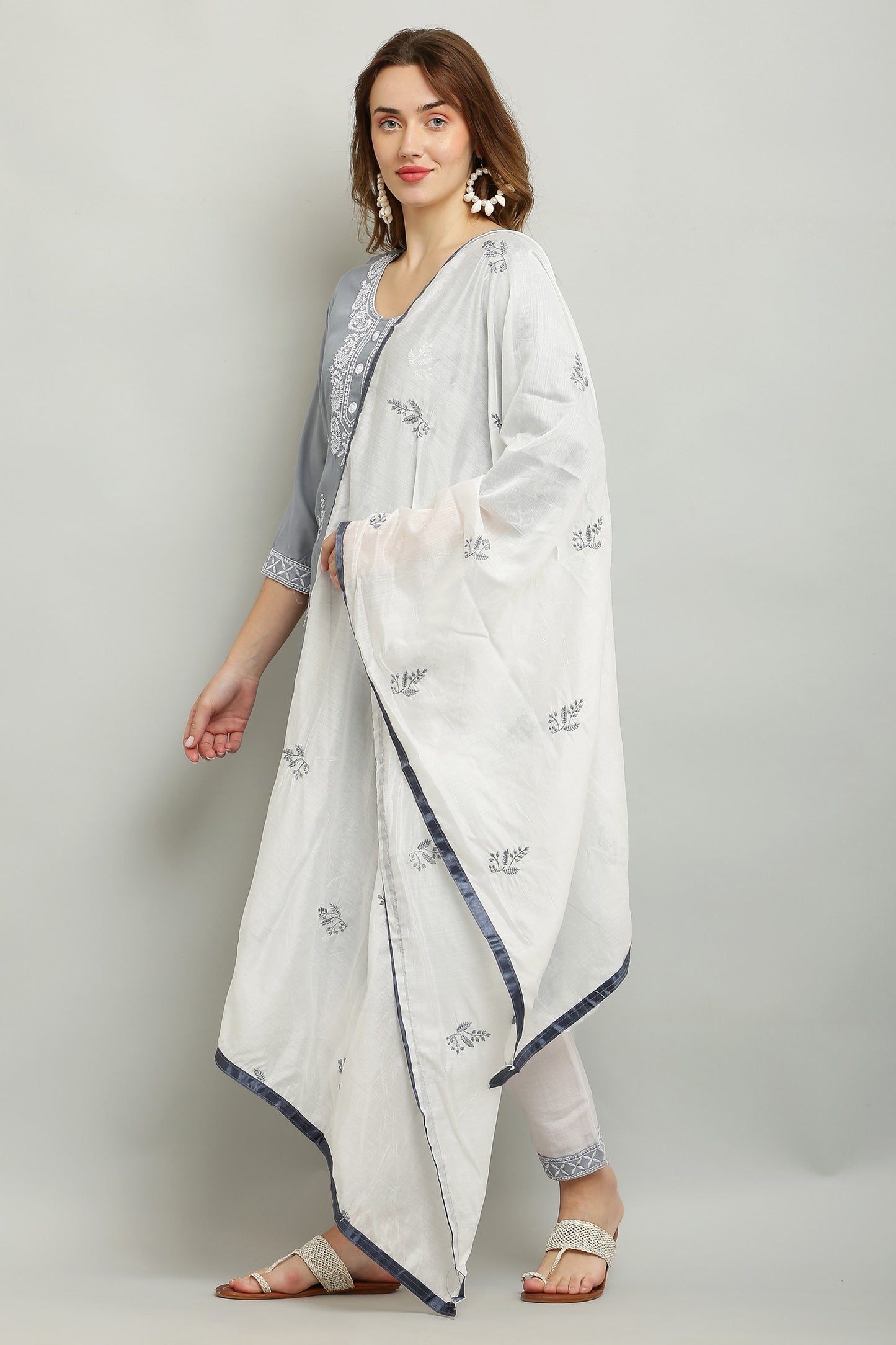 Grey Rayon Kurti With Dupatta And Bottom Wear 3 Piece Set For Women