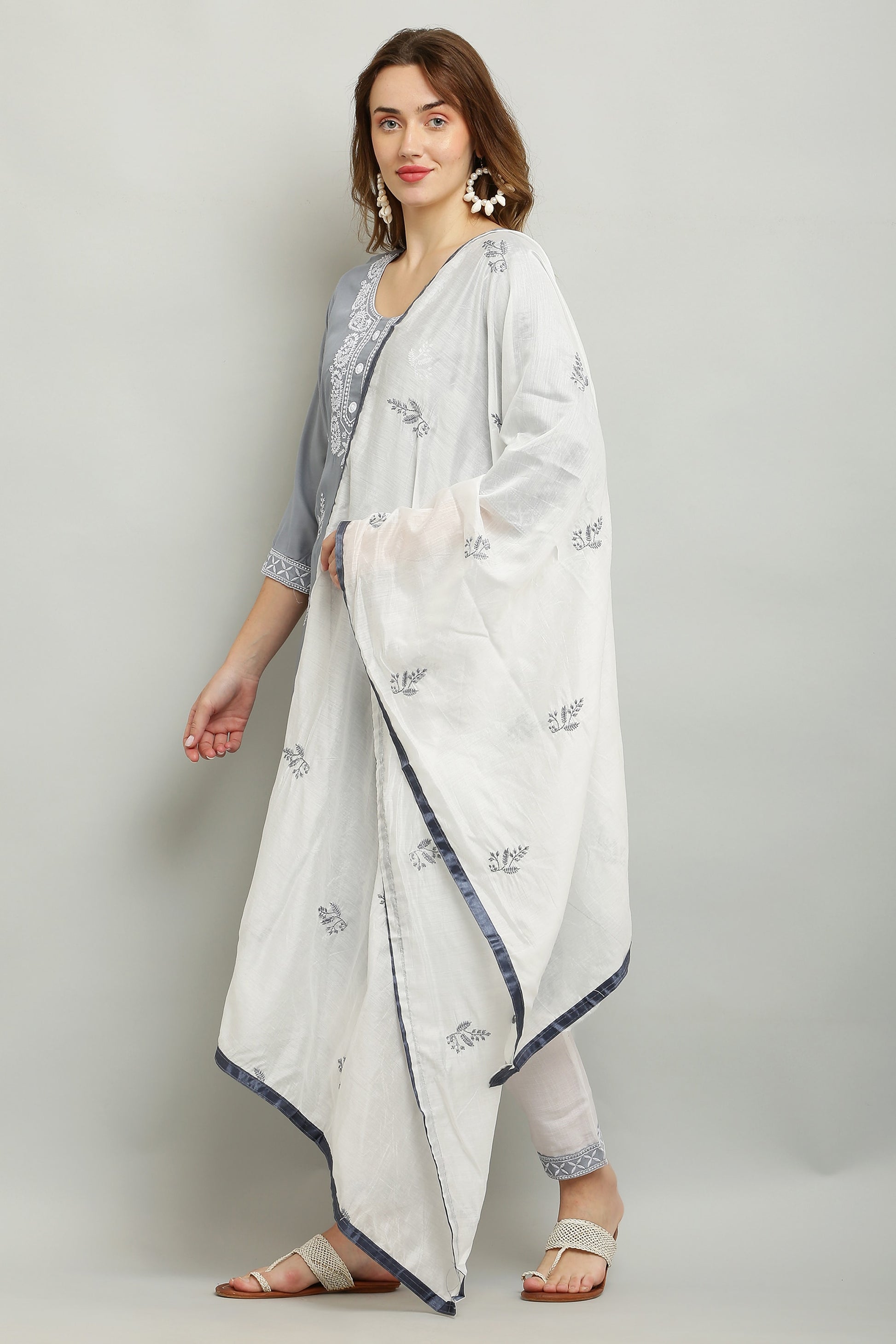 Grey Rayon Kurti With Dupatta And Bottom Wear 3 Piece Set For Women