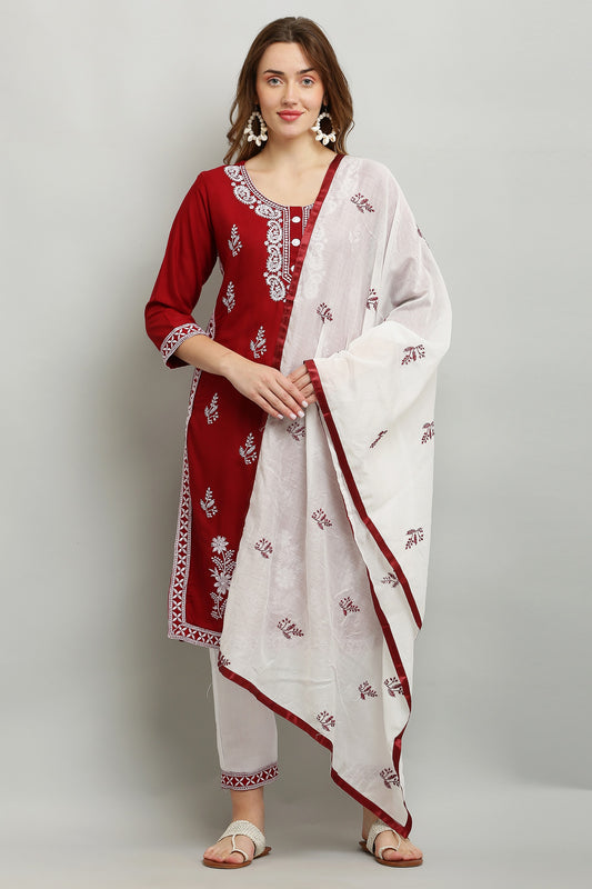 Maroon Rayon Kurti With Dupatta And Bottom Wear 3 Piece Set For Women