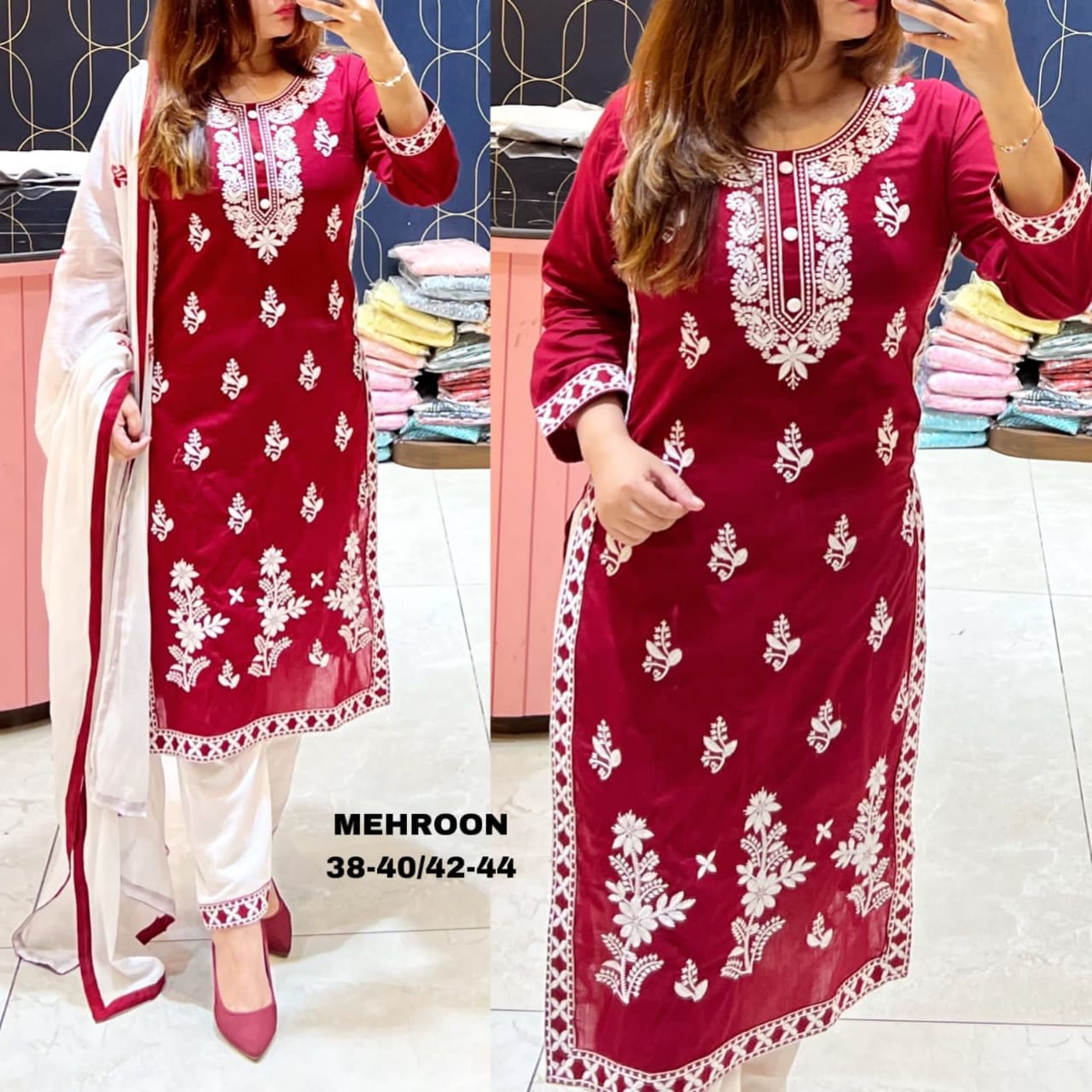 MAROON Women's Rayon Embroidered Kurta, Pant with Dupatta Set