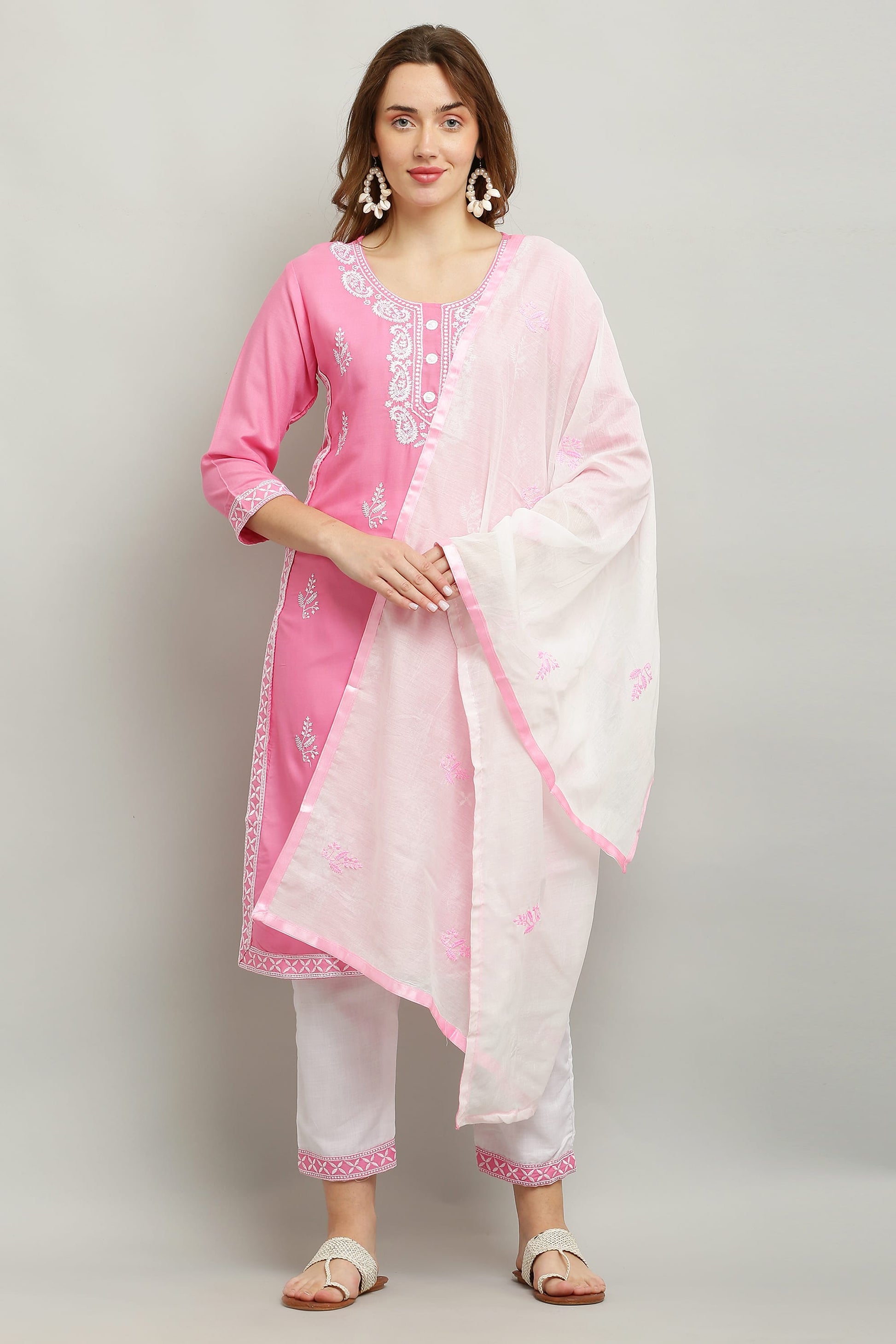 Pink Rayon Kurti With Dupatta And Bottom Wear 3 Piece Set For Women