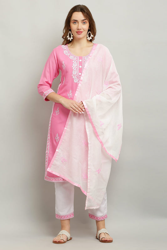 Pink Rayon Kurti With Dupatta And Bottom Wear 3 Piece Set For Women