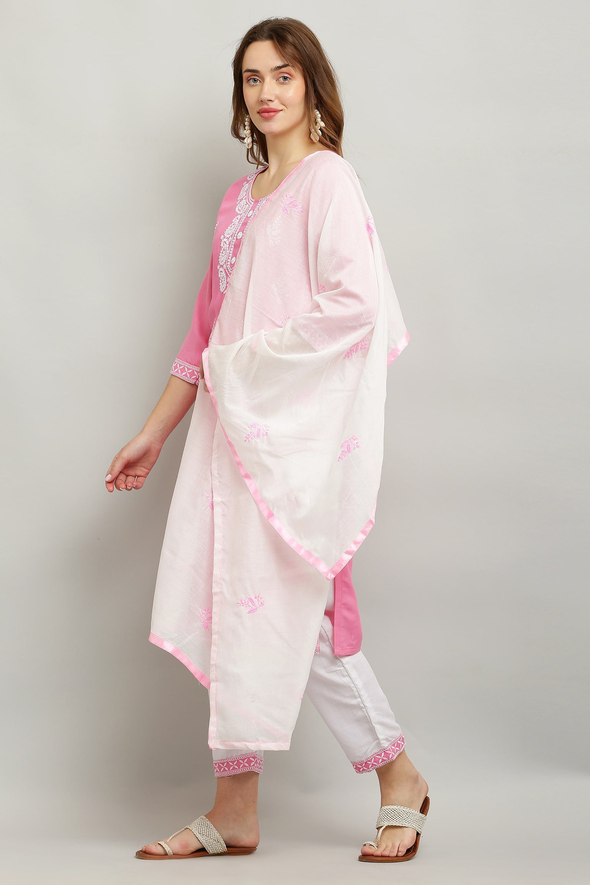 Pink Rayon Kurti With Dupatta And Bottom Wear 3 Piece Set For Women