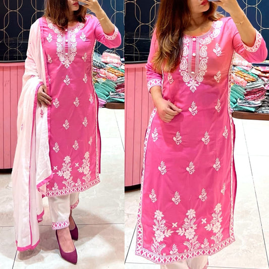 PINK Women's Rayon Embroidered Kurta, Pant with Dupatta Set