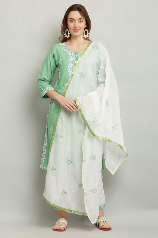 Pista Rayon Kurti With Dupatta And Bottom Wear 3 Piece Set For Women