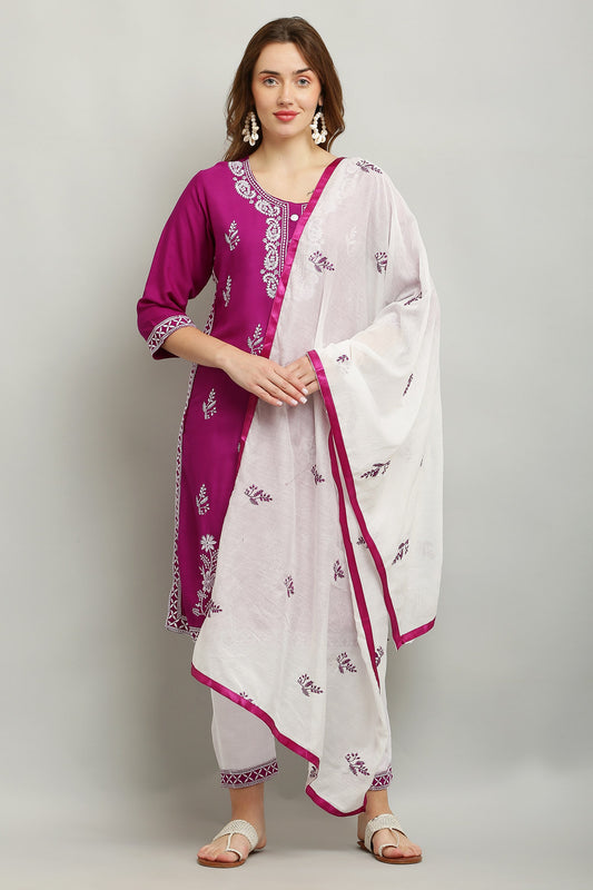 Purple Rayon Kurti With Dupatta And Bottom Wear 3 Piece Set For Women