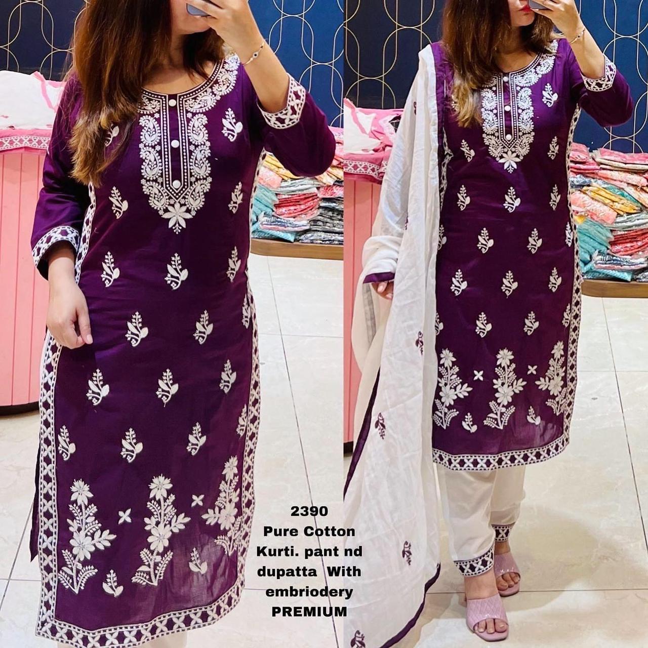 PURPLE Women's Rayon Embroidered Kurta, Pant with Dupatta Set