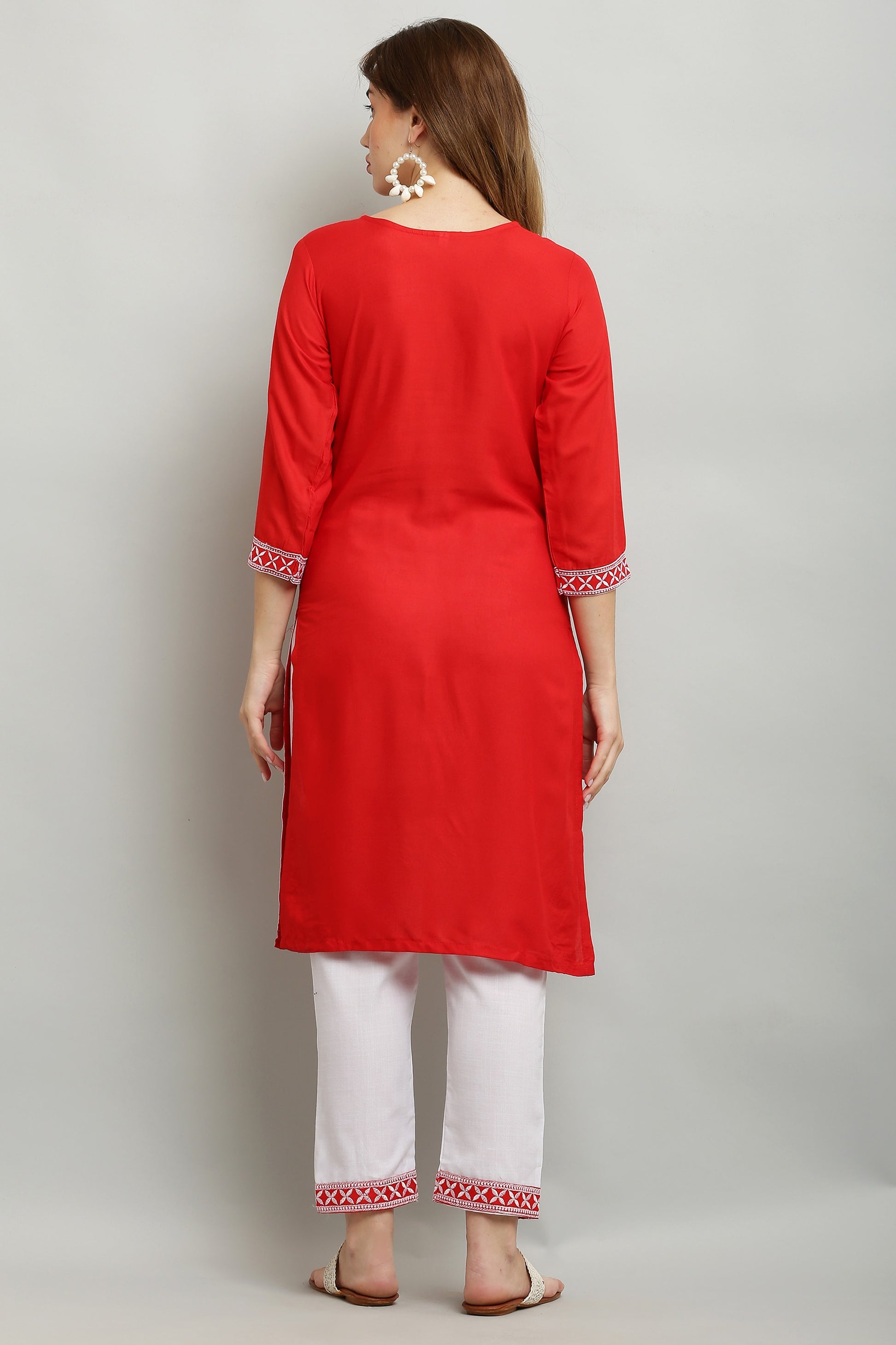 Red Rayon Kurti With Dupatta And Bottom Wear 3 Piece Set For Women