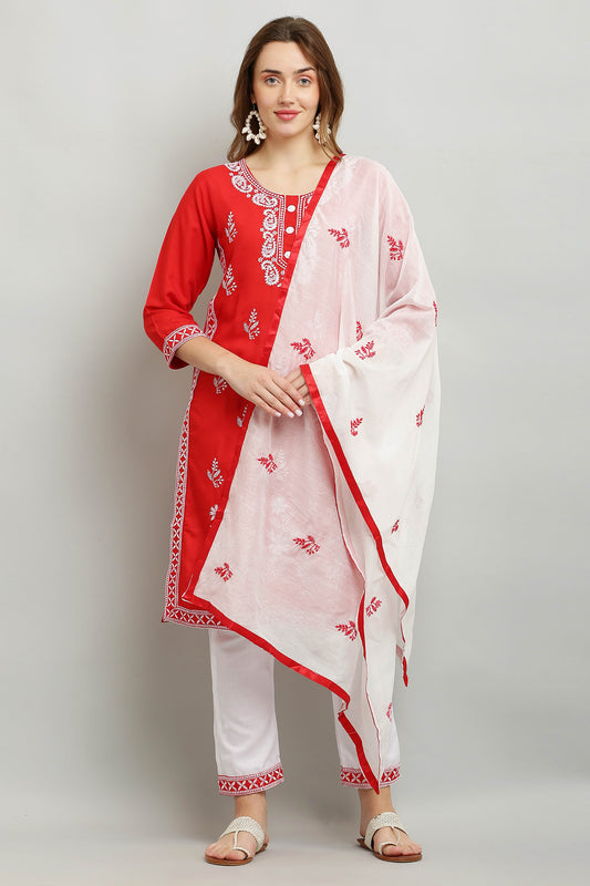 Red Rayon Kurti With Dupatta And Bottom Wear 3 Piece Set For Women