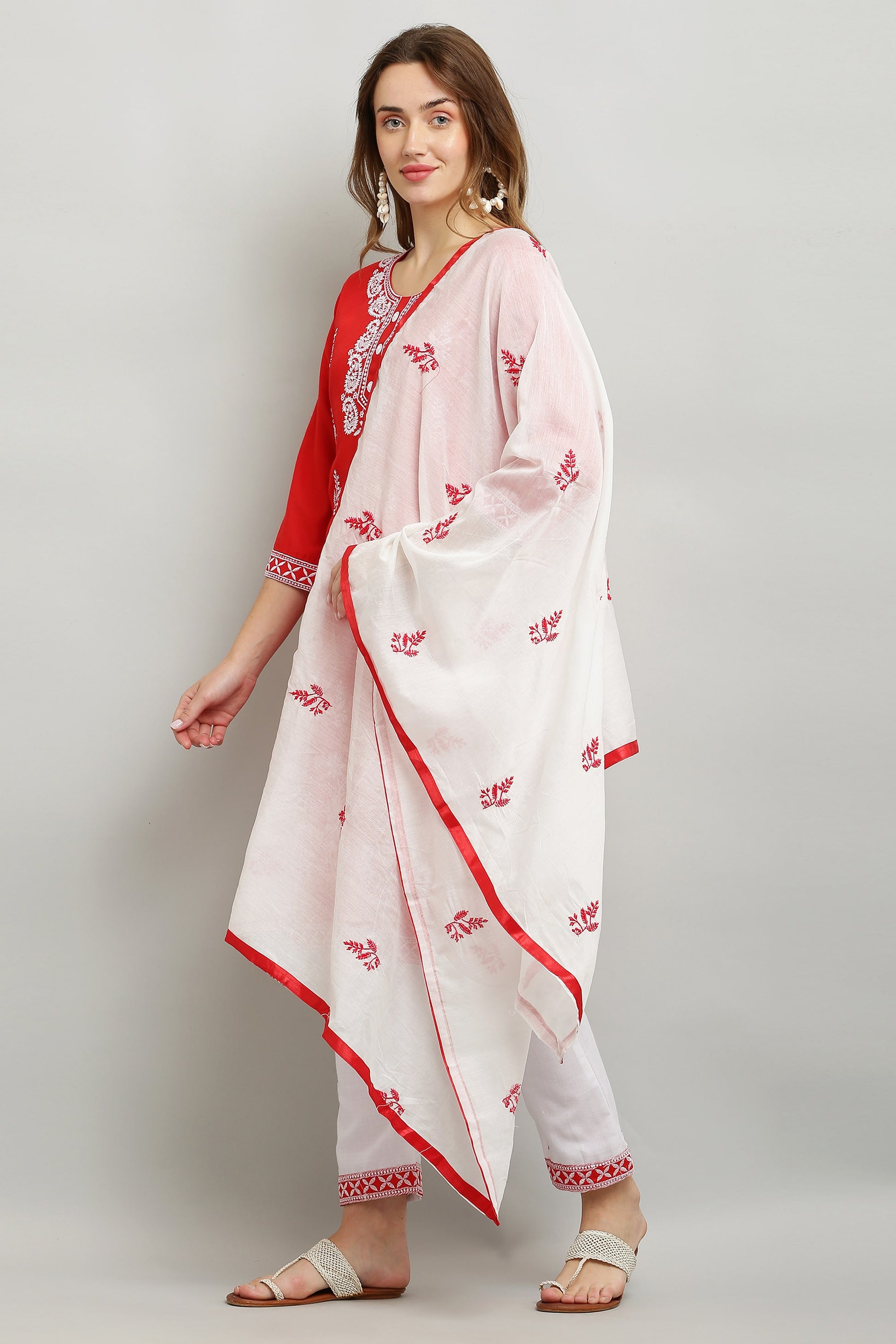 Red Rayon Kurti With Dupatta And Bottom Wear 3 Piece Set For Women