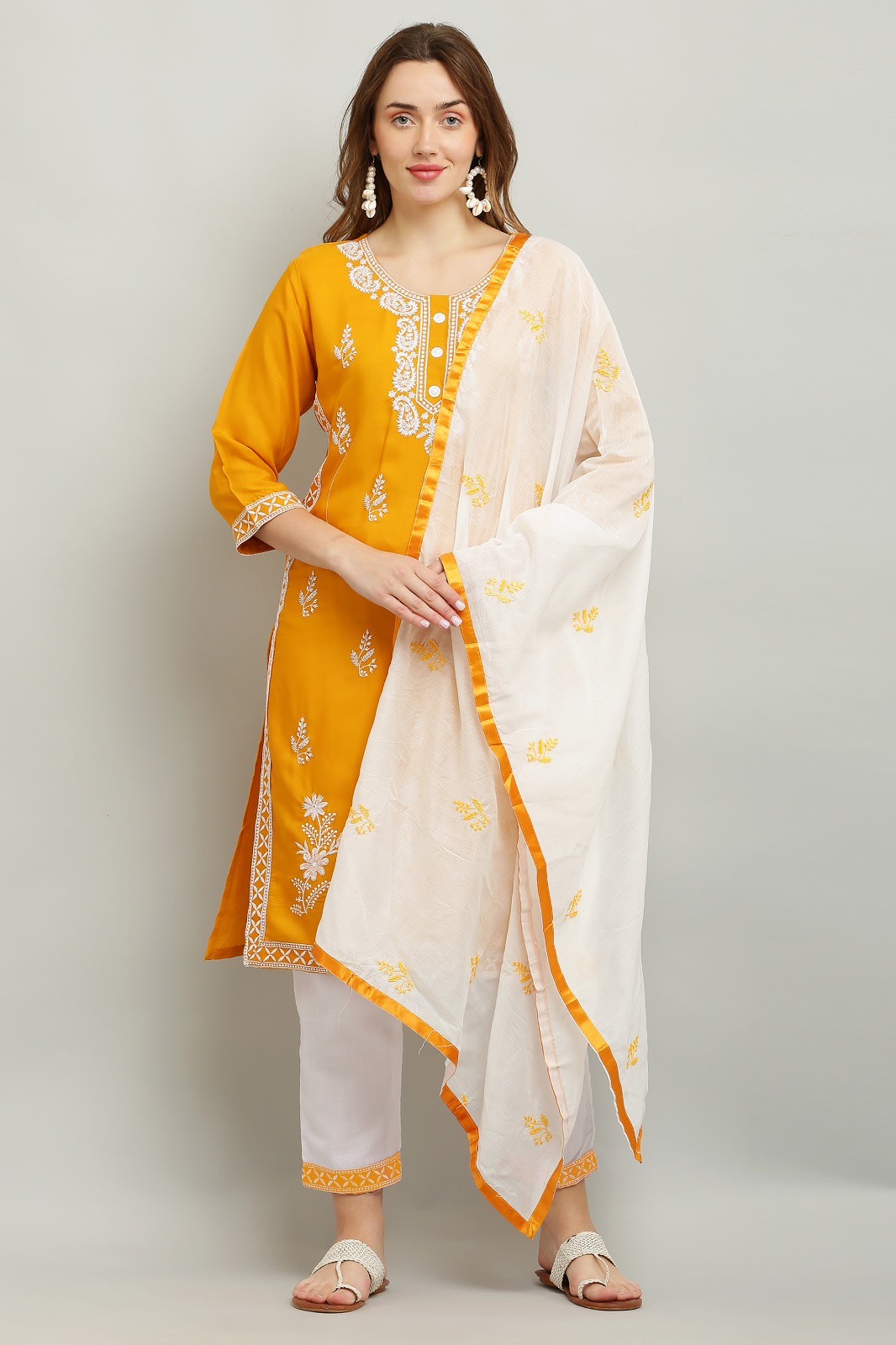 Yellow Rayon Kurti With Dupatta And Bottom Wear 3 Piece Set For Women