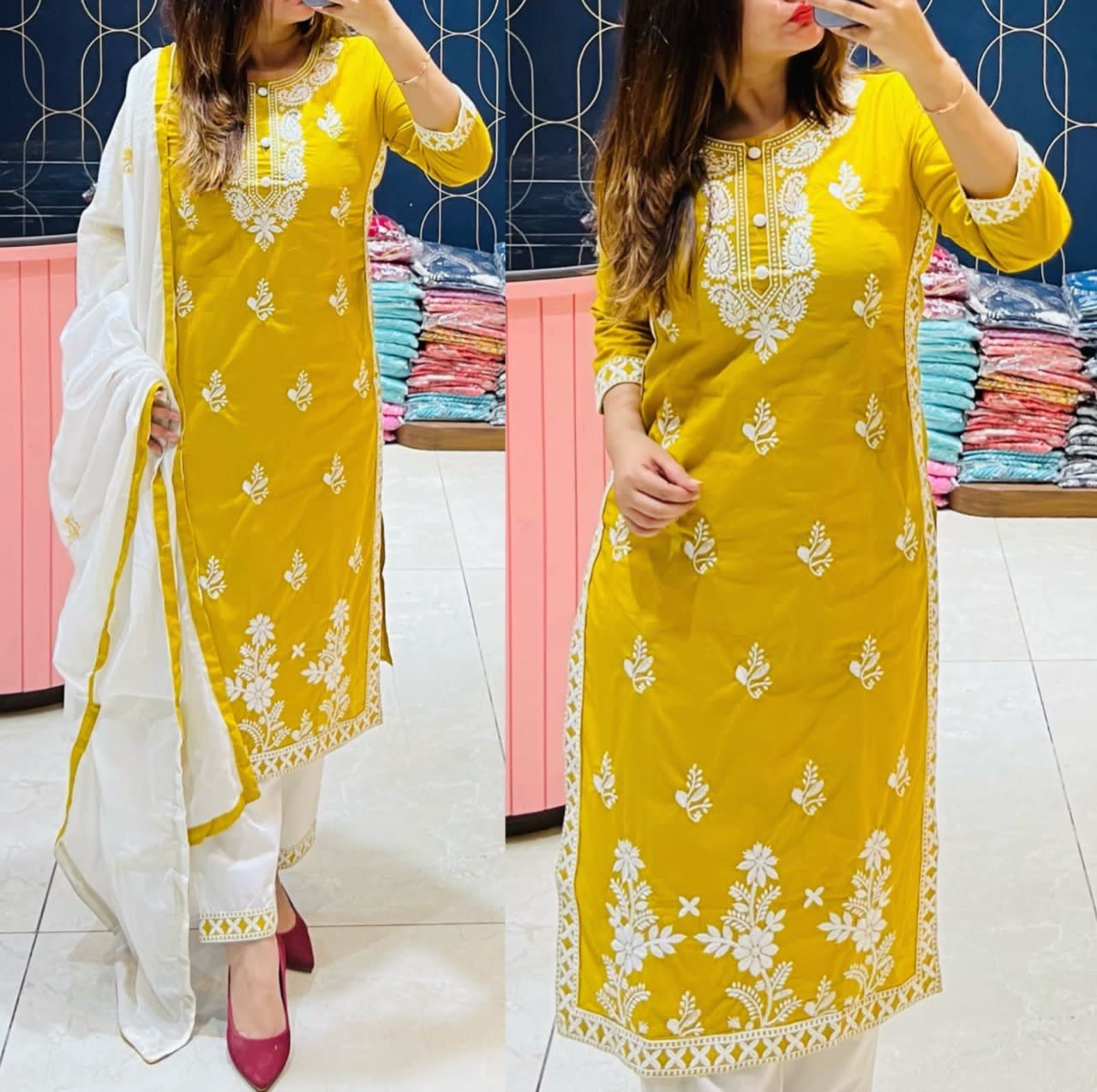 YELLOW Women's Rayon Embroidered Kurta, Pant with Dupatta Set