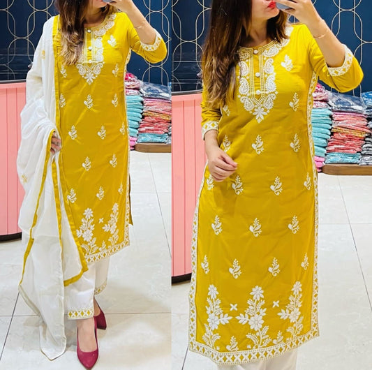 YELLOW Women's Rayon Embroidered Kurta, Pant with Dupatta Set