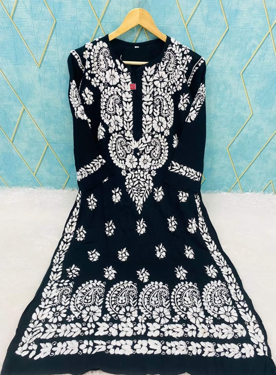 BLACK Rayon Cotton Chikankari Embroidery Work Kurti