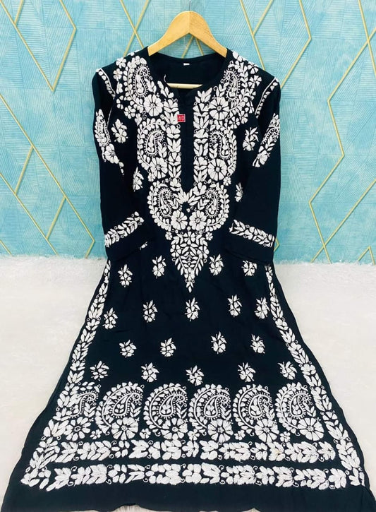 BLACK Rayon Cotton Chikankari Embroidery Work Kurti