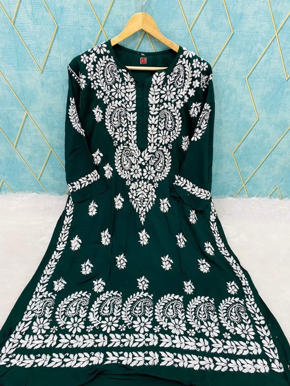 GREEN Rayon Cotton Chikankari Embroidery Work Kurti