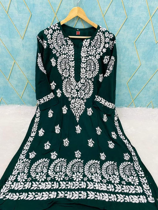 GREEN Rayon Cotton Chikankari Embroidery Work Kurti